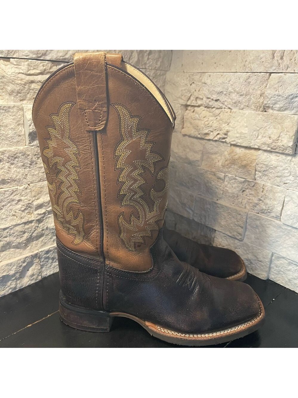 Old West Kids Square Toe Western Boot Brown / Olive Green Stitching Size 5D